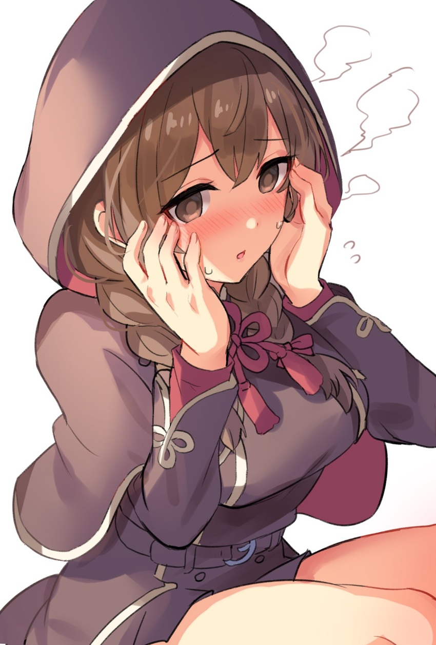 blush braid breasts brown_hair capelet female flying_sweatdrops hair_between_eyes hair_ribbon highres hood hood_up hooded_capelet kantai_collection large_breasts long_hair long_sleeves open_mouth ribbon senbei_(senbe_i) shinshuu_maru_(kancolle) simple_background solo steam sweat twin_braids white_background