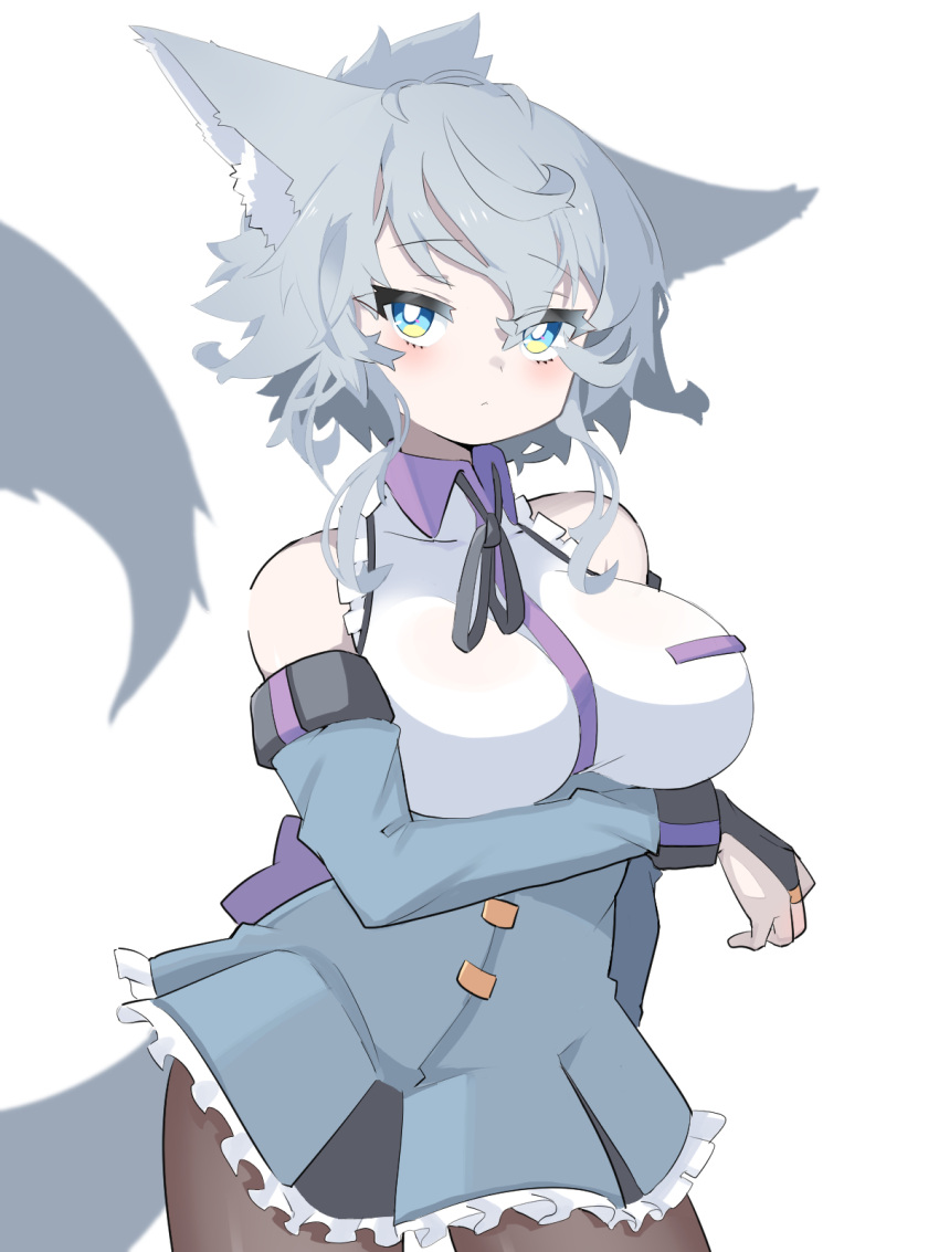 animal_ears bad_id bad_pixiv_id bare_shoulders black_ribbon blue_eyes blush breasts bright_pupils brown_pantyhose closed_mouth collared_shirt contrapposto cowboy_shot detached_sleeves female fox_ears fox_tail grey_hair grey_skirt high-waist_skirt highres inukaze_yamu large_breasts long_sleeves looking_at_viewer miniskirt neck_ribbon original pantyhose ribbon shirt shishimanako_hareko short_hair_with_long_locks sidelocks skirt solo tail white_pupils white_shirt wing_collar