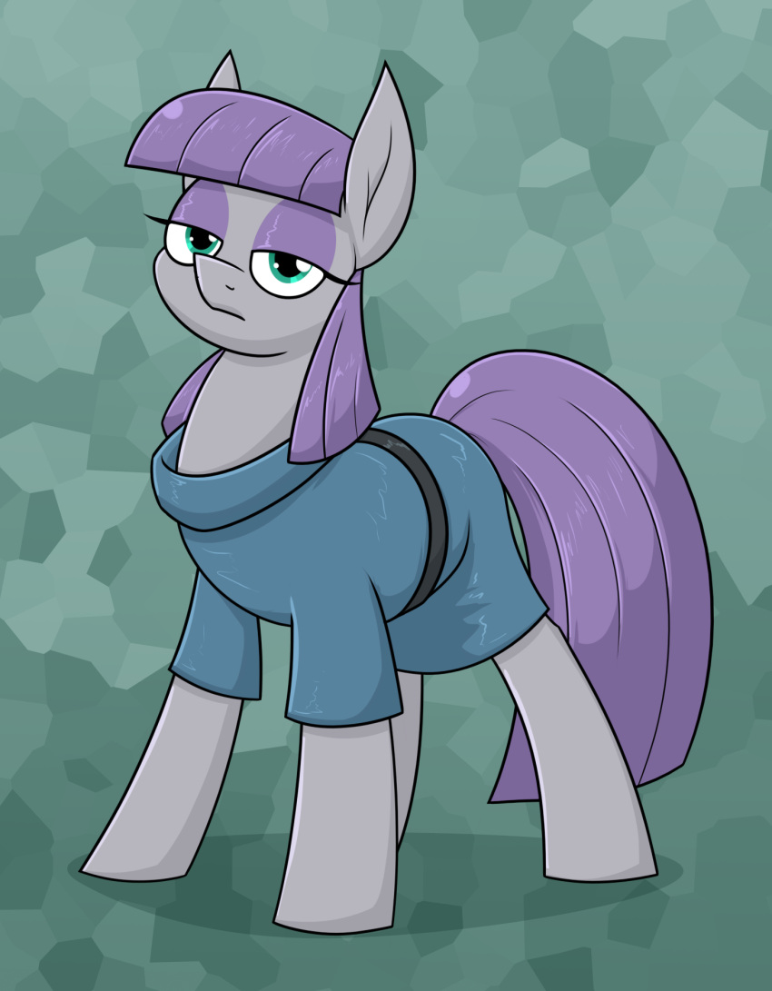 clothing digital_media_(artwork) dipstick_ears ear_markings earth_pony equid equine eyeshadow female feral friendship_is_magic grey_body hair half-closed_eyes hasbro hi_res horse looking_at_viewer makeup mammal maud_pie_(mlp) moonatik multicolored_ears my_little_pony narrowed_eyes pony purple_eyeshadow purple_hair purple_tail solo standing tail