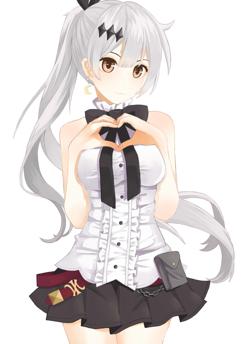 :3 absurdres belt belt_pouch black_bow black_skirt bow brown_eyes brs--wrs chain_belt commentary_request cowboy_shot crescent crescent_earrings diamond_(shape) diamond_hair_ornament drop_earrings earrings female five-seven_(girls'_frontline) girls'_frontline grey_hair hair_ribbon heart heart_hands highres jewelry long_hair looking_at_viewer ponytail pouch ribbon shirt simple_background skirt sleeveless sleeveless_shirt solo thighs very_long_hair white_background white_shirt