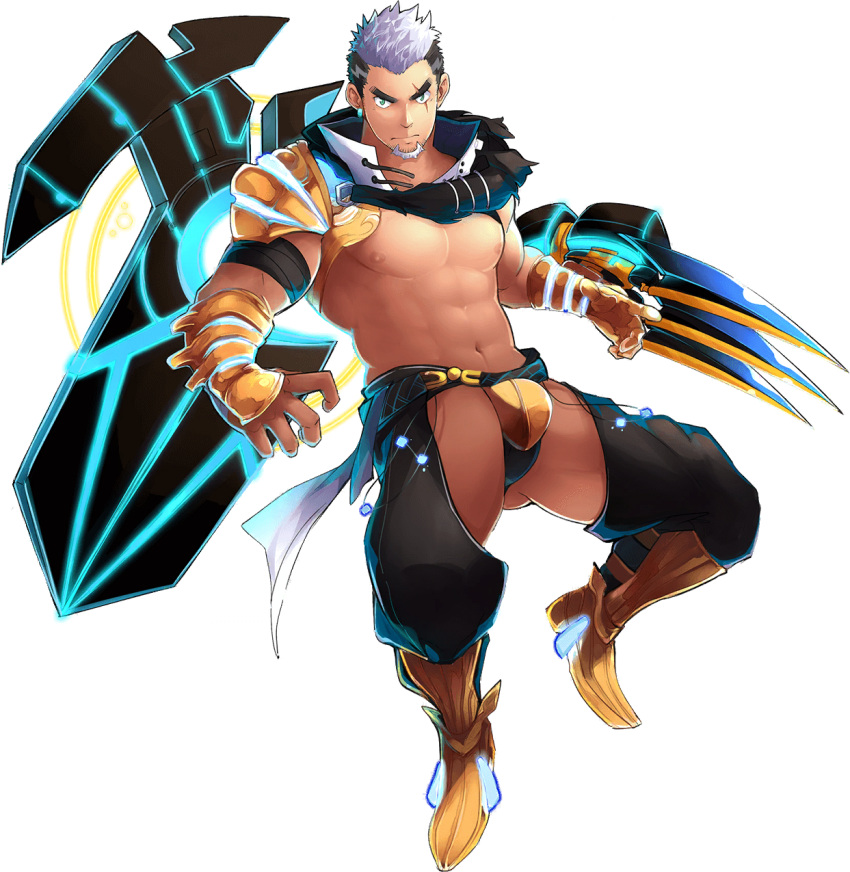 1boy abs ass_visible_through_thighs bad_source bara bare_pectorals black_hair bulge clothing_cutout crotchless crotchless_pants dark-skinned_male dark_skin facial_hair floating full_body gimp_(medium) goatee green_eyes gyee highres large_pectorals legs_apart looking_at_viewer male_focus masayoshi_togashi_(alu379) mature_male multicolored_hair muscular muscular_male navel nipples official_art pants pectorals purple_hair revealing_clothes scar scar_across_eye scar_on_face short_hair solo stomach tachi-e thick_thighs thigh_cutout thighs transparent_background two-tone_hair yan_(gyee)