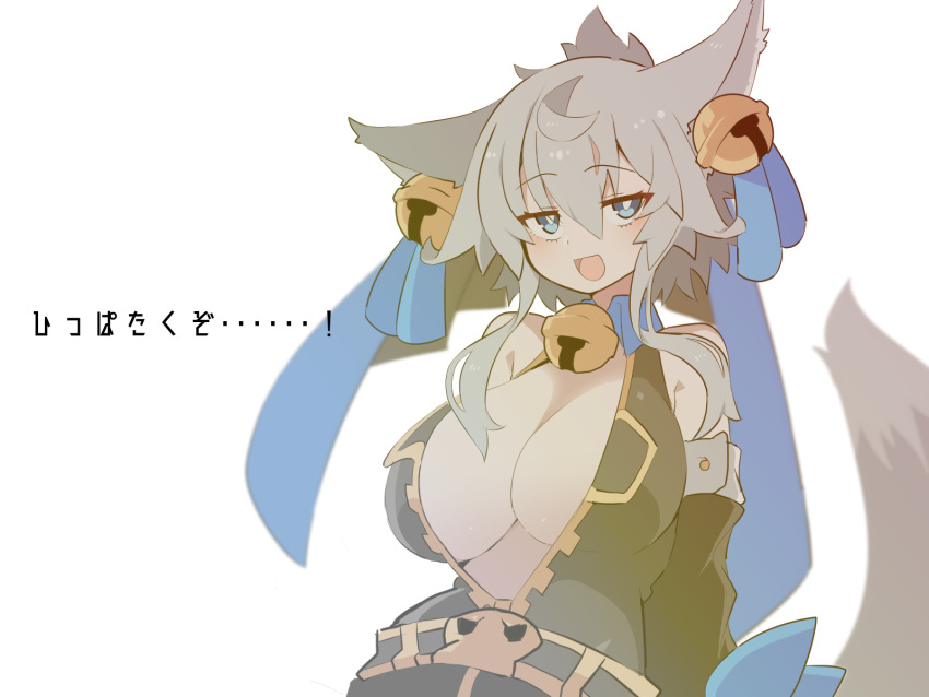 :d bad_id bad_pixiv_id bell blue_eyes blush breasts bright_pupils ears_down female grey_hair hair_bell hair_ornament highres inukaze_yamu jingle_bell jitome large_breasts looking_at_viewer neck_bell open_mouth original plunging_neckline shishimanako_hareko simple_background smile solo white_background white_pupils