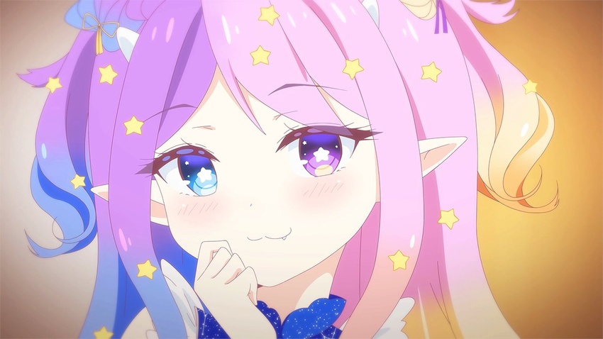 :3 blonde_hair blue_dress blue_eyes blue_hair blush close-up commentary demon_horns dress emberlith female gradient_hair hand_on_own_chin heterochromia horns indie_virtual_youtuber looking_at_viewer magical_girl multicolored_hair oerba_yun_fang patrick_fche pink_hair pointy_ears portrait purple_eyes purple_hair solo spanish_commentary star-shaped_pupils star_(symbol) starry_sky_print symbol-shaped_pupils virtual_youtuber