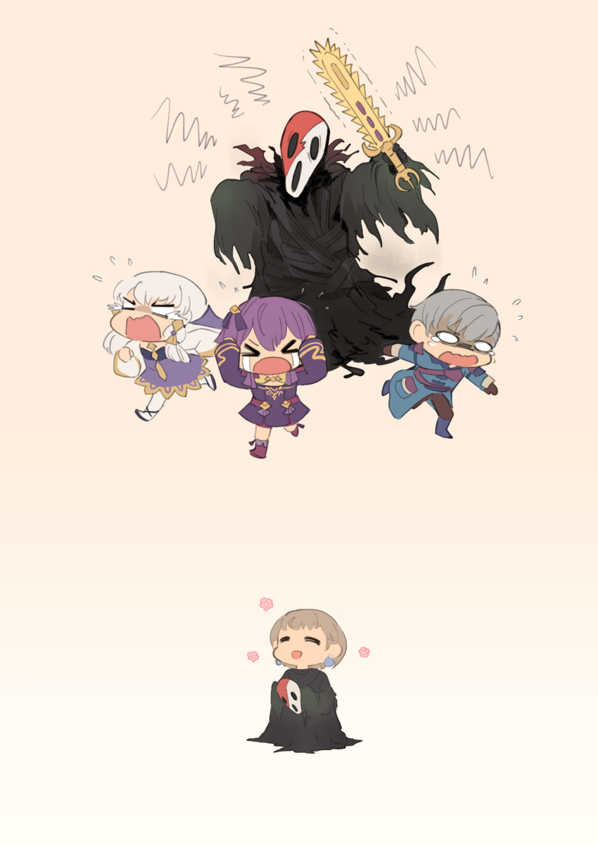 1boy 3girls :d absurdres ashe_ubert bernadetta_von_varley black_robe blonde_hair chasing chibi closed_eyes crying fire_emblem fire_emblem:_three_houses fire_emblem_fates flame_emperor fleeing flying_sweatdrops gradient_background grey_hair highres holding holding_sword holding_weapon lysithea_von_ordelia mask mercedes_von_martritz multiple_girls norue open_mouth panicking purple_hair robe running scared shaded_face simple_background smile surprised sword tears trembling weapon white_hair yato_(fire_emblem)