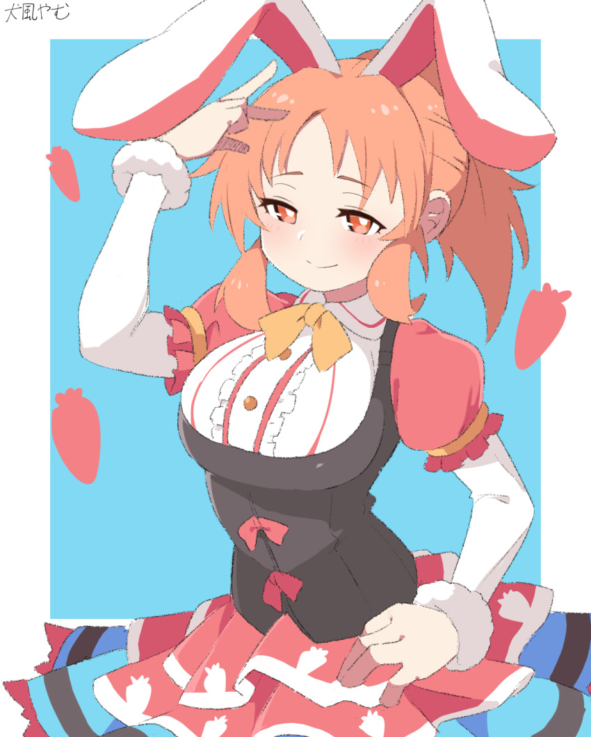 abe_nana animal_ears black_vest blue_background blush border bow bowtie closed_mouth commission female hand_up highres idolmaster idolmaster_cinderella_girls inukaze_yamu layered_skirt long_sleeves looking_at_viewer orange_hair ponytail rabbit_ears shirt skeb_commission skirt smile solo traditional_bowtie vest white_border white_shirt yellow_bow yellow_bowtie