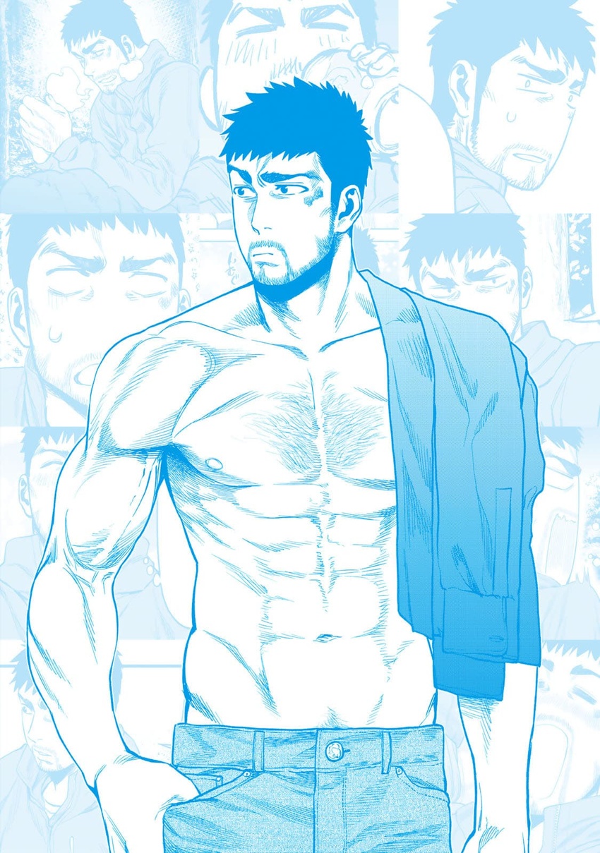 abs beard body_hair chest_hair dark_hair facial_hair futari_solo_camp gen_kinokura hairy_chest hand_in_pocket jeans looking_to_the_side male male_focus male_only masculine muscular muscular_male no_visible_genitalia official_art pectorals shirt_on_shoulder shirtless solo solo_male thick_eyebrows topless yuudai_debata