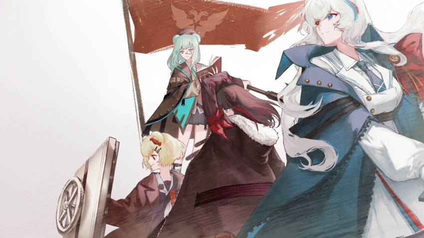 4girls animal_ears arknights bear_ears blonde_hair blue_eyes book brown_hair closed_mouth coat door flag fur_coat gummy_(arknights) hair_ornament hairpin hat heterochromia highres holding holding_book holding_weapon huangjin_shizi istina_(arknights) looking_to_the_side monocle multicolored_hair multiple_girls necktie red_eyes ribbon rosa_(arknights) simple_background skirt star_(symbol) star_hair_ornament streaked_hair ursus_empire_logo weapon white_hair zima_(arknights)