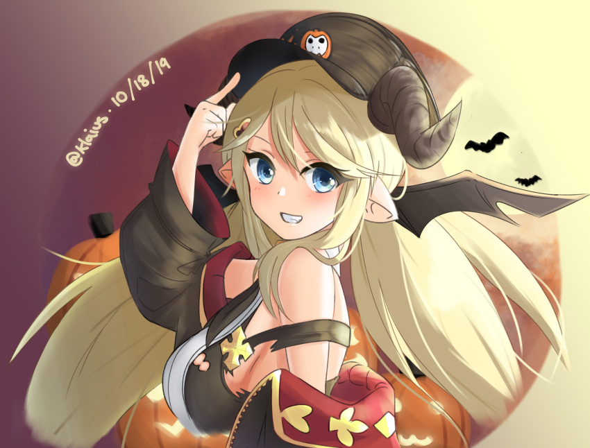 bare_shoulders bat_(animal) blonde_hair blue_eyes breasts coat dated draph female from_side full_moon granblue_fantasy hallessena hand_on_headwear hand_up highres jack-o'-lantern klaius large_breasts long_hair looking_at_viewer looking_to_the_side moon off_shoulder pointy_ears smile solo strap_slip twintails twitter_username