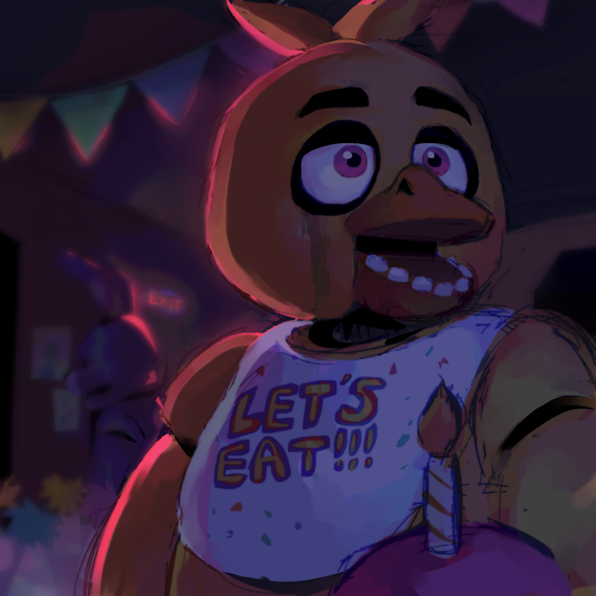 2021 animatronic anthro avian beak bib bird bonnie_(fnaf) candle chica_(fnaf) chicken cupcake cupcake_(fnaf) digital_media_(artwork) female fire five_nights_at_freddy's food furniture galliform gallus_(genus) group head_feathers head_tuft hi_res holding_food holding_object lagomorph leporid looking_away machine male mammal open_mouth phasianid pink_eyes purple_body rabbit robot skylordlysander table tuft video_games yellow_body