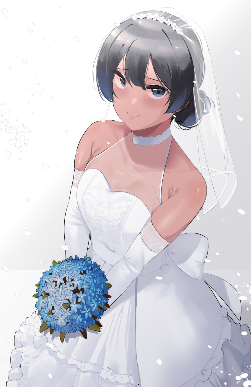 bare_shoulders black_hair blue_eyes blush bouquet breasts closed_mouth collarbone commentary dark-skinned_female dark_skin dress elbow_gloves english_commentary female gloves gradient_background hair_between_eyes highres holding holding_bouquet looking_at_viewer medium_hair okpriko original see-through simple_background small_breasts smile solo thai_girl_(okpriko) veil wedding_dress white_dress white_gloves