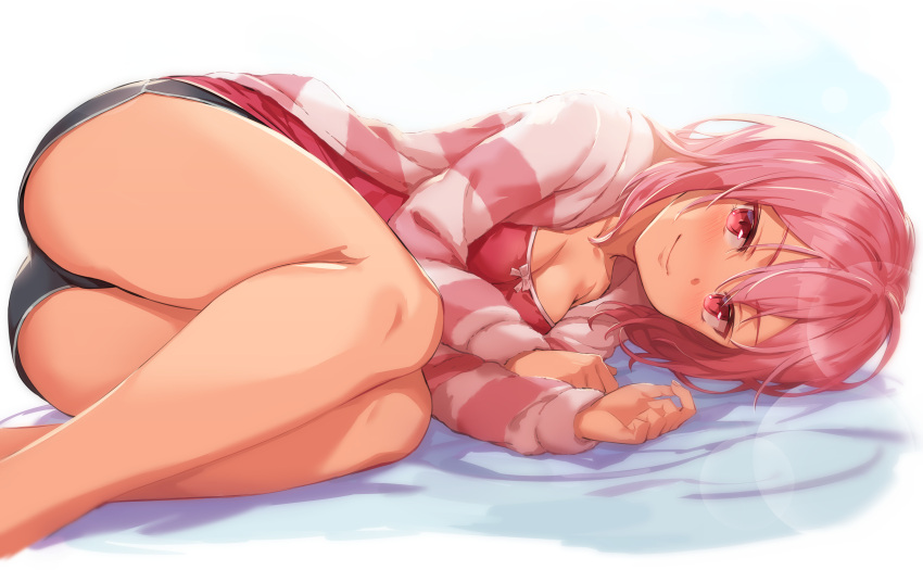 absurdres akamine_yuuna ass bare_legs bed_sheet black_footwear blush breasts cleavage closed_mouth commentary feet_out_of_frame female highres jacket long_sleeves looking_at_viewer lying michairu on_bed on_side open_clothes open_jacket pink_eyes pink_hair pink_jacket short_hair short_shorts shorts small_breasts smile solo striped_clothes striped_jacket yuuki_yuuna_wa_yuusha_de_aru:_hanayui_no_kirameki yuusha_de_aru