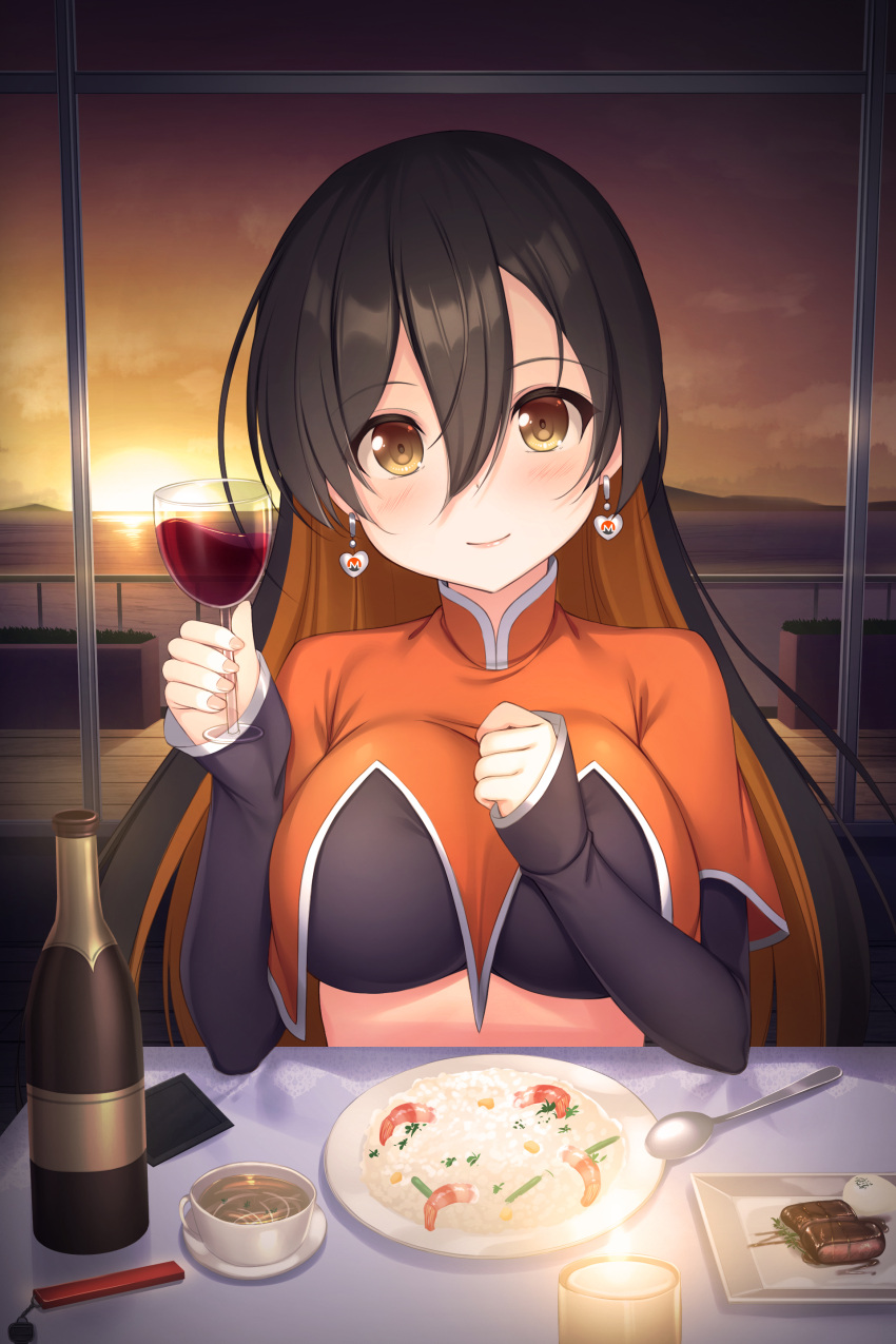 absurdres alcohol black_hair black_shirt bottle breasts brown_eyes candle capelet closed_mouth cloud commission crop_top cup dinner drinking_glass earrings female food hair_between_eyes highres holding holding_cup horizon indoors jewelry kageira large_breasts long_hair long_sleeves looking_at_viewer meat monero monero-chan multicolored_hair orange_capelet orange_hair plate pov rice second-party_source shirt shrimp sitting skeb_commission sky sleeves_past_wrists smile solo spoon sunset table tea teacup tight_clothes two-tone_hair upper_body water window wine wine_bottle wine_glass