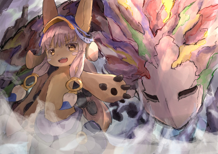 1other :d absurdres animal_ears belafu body_fur brown_fur dot_nose fangs female fog furry furry_female hair_ornament headgear highres illustrattyako long_hair looking_at_viewer made_in_abyss nanachi_(made_in_abyss) open_mouth smile teeth upper_teeth_only whiskers white_hair yellow_eyes