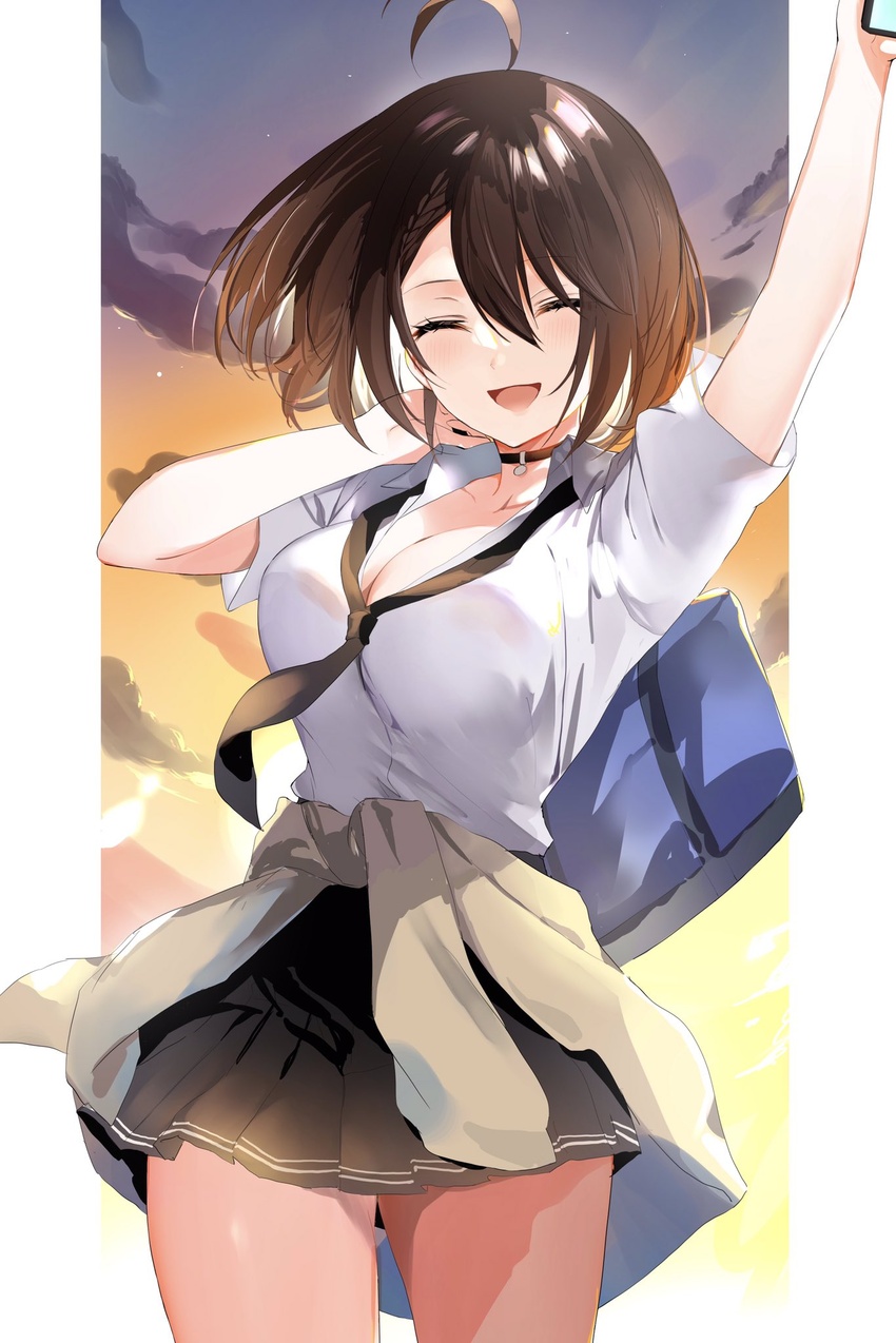 ahoge arm_up azur_lane bag baltimore_(after-school_ace)_(azur_lane) baltimore_(azur_lane) black_choker black_necktie black_skirt blue_bag breasts brown_hair cardigan cardigan_around_waist choker closed_eyes clothes_around_waist collarbone collared_shirt commentary_request cowboy_shot female highres hoerutarou large_breasts necktie school_uniform shirt skirt smile solo sunset white_shirt yellow_cardigan