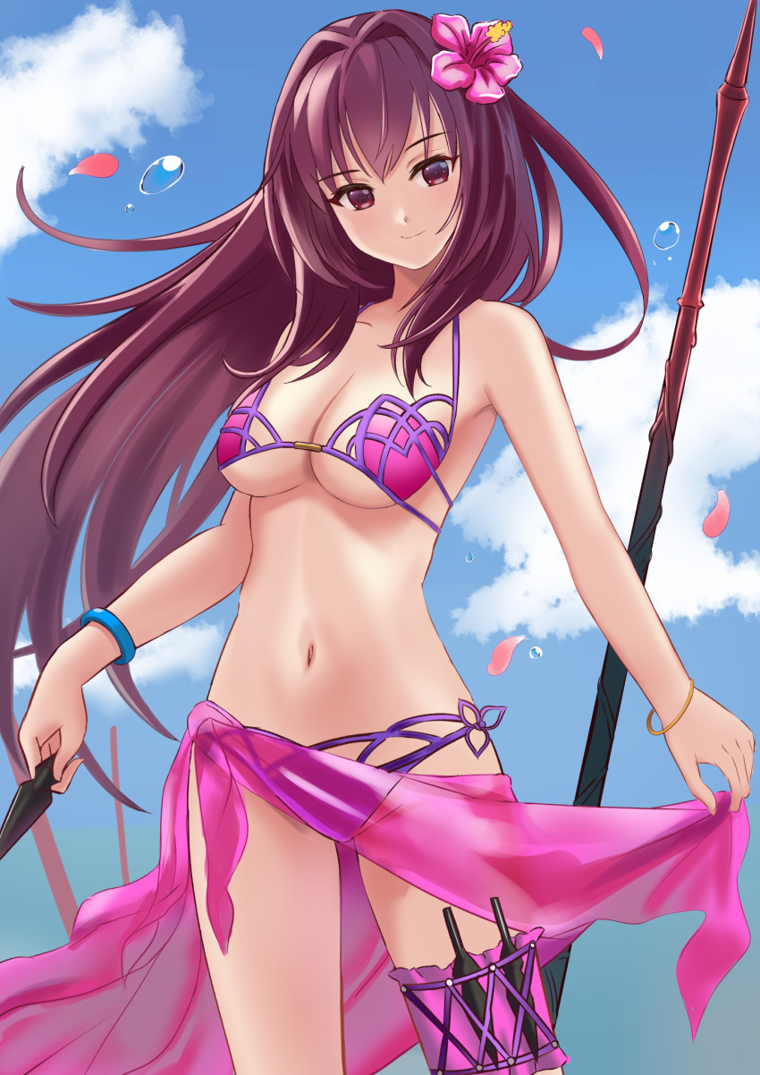 bad_id bad_pixiv_id bare_shoulders bikini blue_sky blush bracelet breasts bridal_garter cleavage collarbone day fate/grand_order fate_(series) female flower hair_flower hair_intakes hair_ornament hibiscus highres jewelry kunai long_hair looking_at_viewer manjirou_(manji_illust) medium_breasts navel petals polearm purple_bikini purple_hair purple_sarong red_eyes sarong scathach_(fate) scathach_(swimsuit_assassin)_(fate) sky smile spear swimsuit thighs weapon