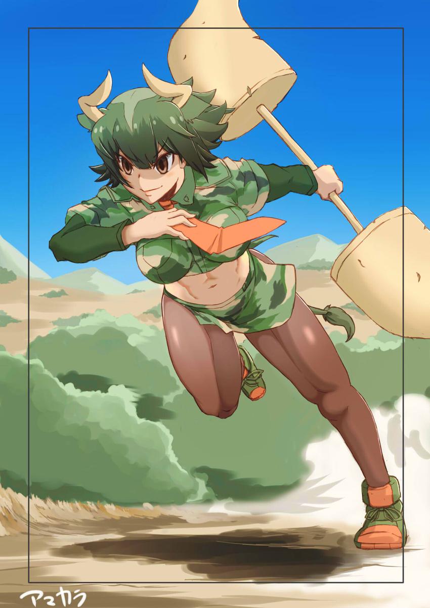 >:) amakarakuchi animal_ears aurochs_(kemono_friends) bad_id bad_twitter_id breasts brown_eyes brown_pantyhose camouflage camouflage_shirt camouflage_skirt closed_mouth collared_shirt cow_ears cow_girl cow_horns cow_tail cropped_shirt day empty_eyes female full_body green_hair highres holding holding_weapon horn_lance horns impossible_clothes impossible_shirt kemono_friends layered_sleeves long_sleeves medium_breasts medium_hair microskirt midriff multicolored_hair navel necktie outdoors pantyhose parted_bangs red_necktie running shirt shoes short_over_long_sleeves short_sleeves skirt smile solo stomach tail tan toned v-shaped_eyebrows weapon wing_collar