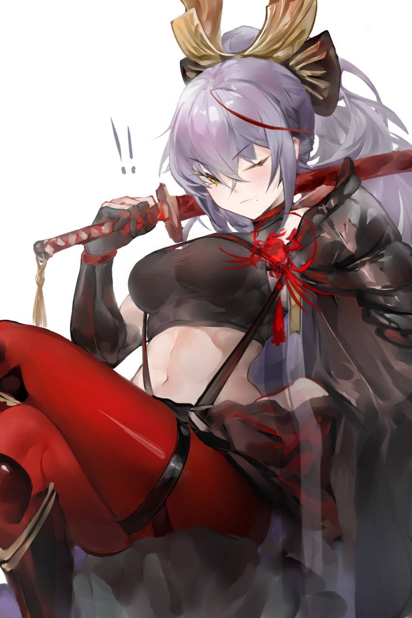 ! !! absurdres akafuyu_(arknights) arknights black_gloves black_shirt breasts chinese_commentary closed_mouth commentary crop_top elbow_gloves feet_out_of_frame female gloves highres holding holding_sword holding_weapon katana liuli_yuanxiaoniao long_hair looking_at_viewer medium_breasts midriff mole mole_under_mouth multicolored_hair navel one_eye_closed pantyhose ponytail purple_hair red_hair red_pantyhose shirt simple_background sitting skin_tight sleeveless sleeveless_shirt solo streaked_hair sword weapon white_background yellow_eyes