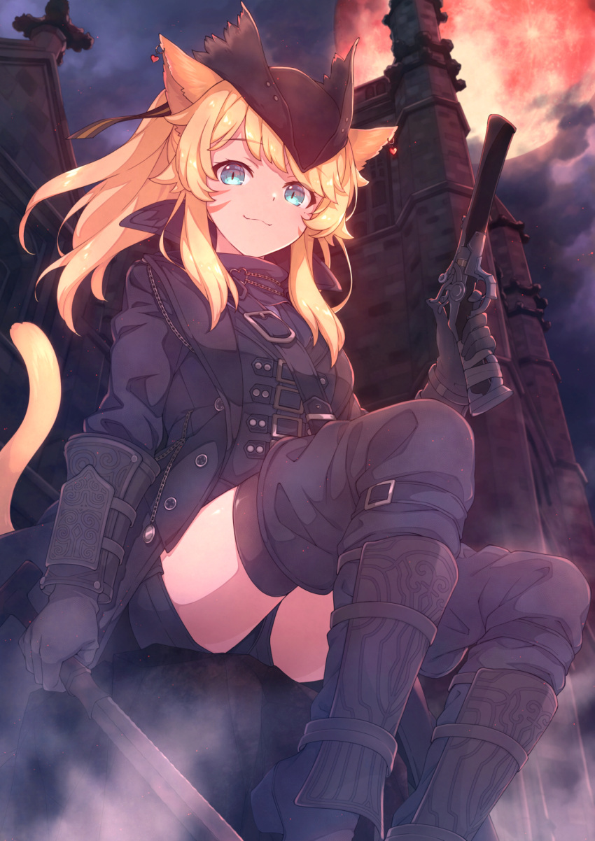 animal_ears black_footwear black_gloves black_hat black_jacket black_shorts black_thighhighs bloodborne boots brick_wall cat_ears commentary_request commission cosplay female final_fantasy final_fantasy_xiv full_moon gloves gun handgun hat highres holding holding_gun holding_weapon hunter_(bloodborne) hunter_(bloodborne)_(cosplay) indie_virtual_youtuber jacket kaiyoko_star miqo'te moon night original outdoors red_moon saipaco short_shorts shorts sitting skeb_commission solo thigh_boots thighhighs tower virtual_youtuber warrior_of_light_(ff14) weapon