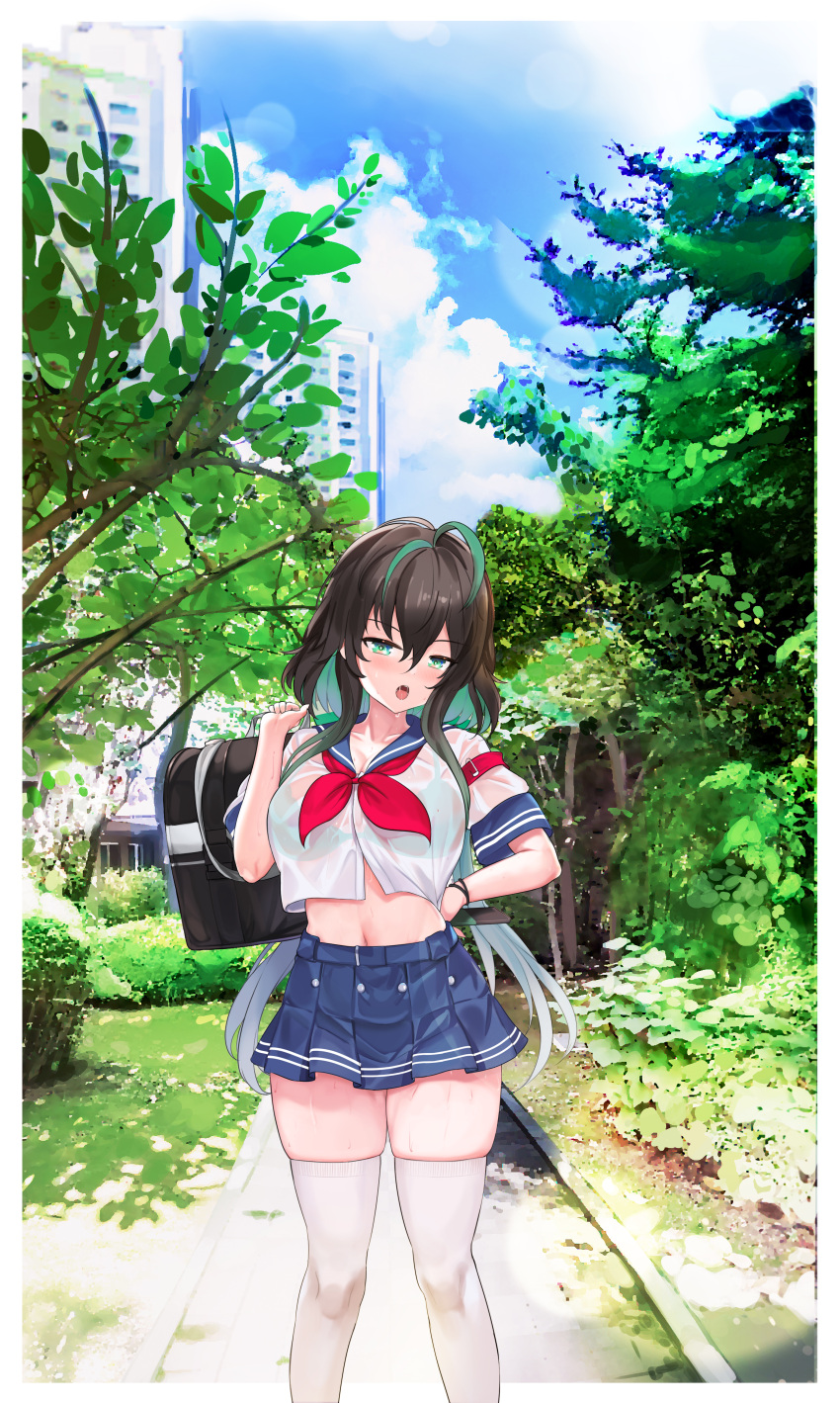 absurdres bad_id bad_pixiv_id bag bra breasts female green_eyes green_hair highres midriff multicolored_hair navel nijisanji nijisanji_kr open_mouth outdoors riba school_bag school_uniform see-through serafuku shin_yuya skindentation standing sweat thighs underwear virtual_youtuber white_legwear