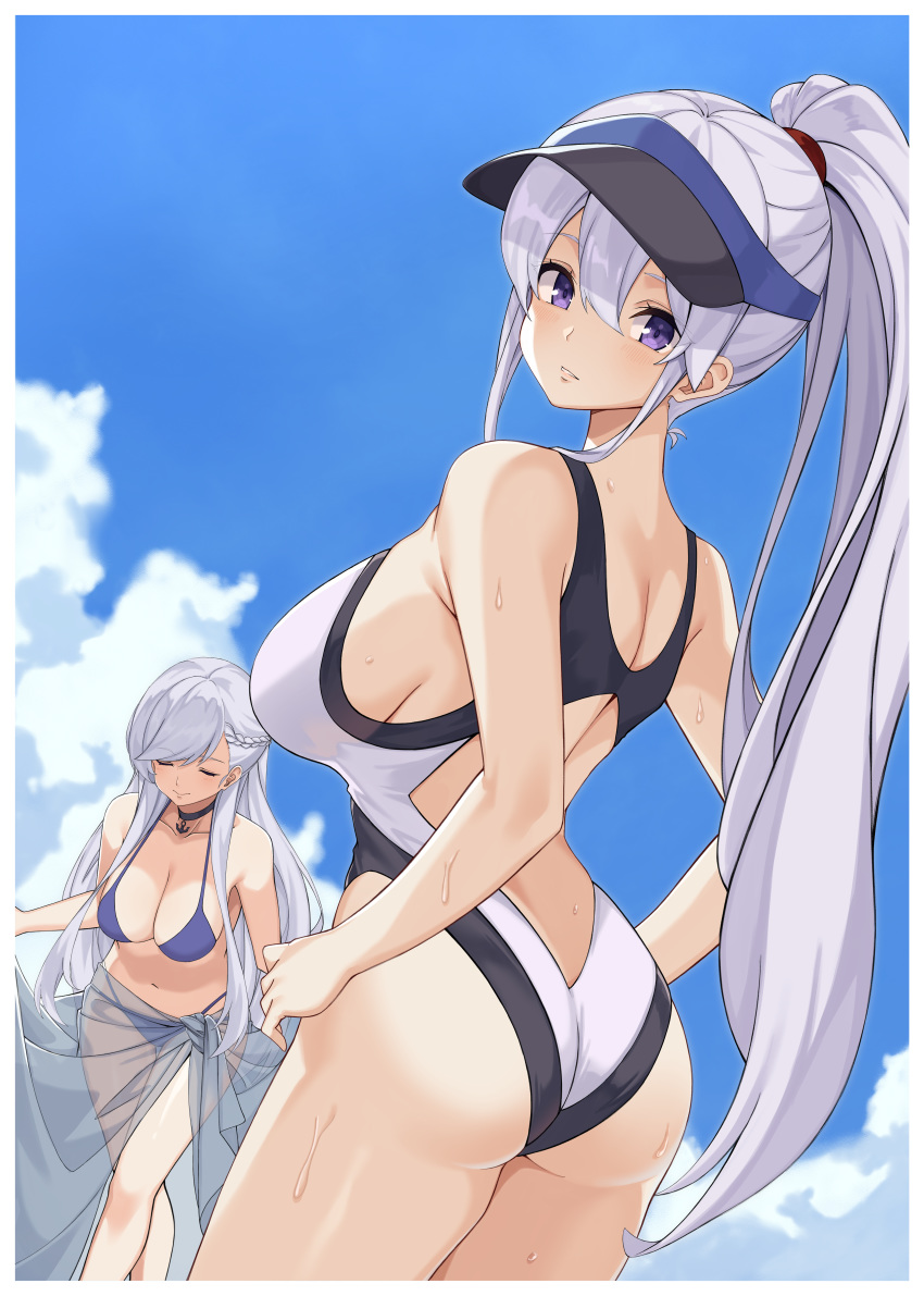 2girls absurdres alternate_costume ass azur_lane bare_shoulders belfast_(azur_lane) bikini black_choker blue_sky braid breasts broken broken_chain chains choker cleavage closed_eyes closed_mouth cloud collar day enterprise_(azur_lane) french_braid grey_hair hair_between_eyes high_ponytail highres kaosu_kun large_breasts leaning_forward long_hair looking_to_the_side multiple_girls one-piece_swimsuit outdoors purple_bikini purple_eyes sarong sideboob sidelocks sky standing sweat swimsuit thighs very_long_hair visor_cap