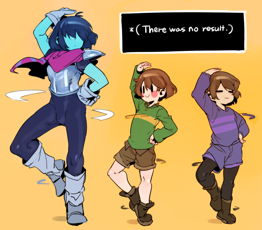 3others =_= androgynous arm_up armor black_bodysuit black_legwear blue_hair blush_stickers bodysuit boots brown_footwear brown_hair brown_shorts chara_(undertale) closed_eyes closed_mouth colored_skin commentary dancing deltarune doppel_(bonnypir) english_text frisk_(undertale) gloves hair_over_eyes hand_on_own_hip highres kris_(deltarune) long_sleeves multiple_others other_focus pantyhose purple_shorts scarf shirt shorts simple_background smile striped_clothes striped_shirt undertale white_gloves yellow_background