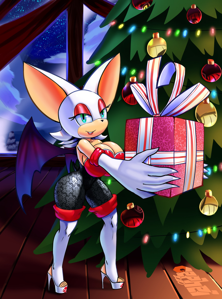 anthro bat big_breasts boots breasts cabin cephei christmas christmas_tree clothing cutout_heels female fireplace footwear gift hi_res high_heeled_boots high_heels holding_object holidays huge_breasts legwear looking_at_viewer mammal mature_anthro mature_female night open_toe_heels plant platform_footwear platform_heels rouge_the_bat sega shoes smile solo sonic_the_hedgehog_(series) star thick_thighs thigh_boots thigh_highs toe_cutout_heels toeless_footwear tree unitard wide_hips