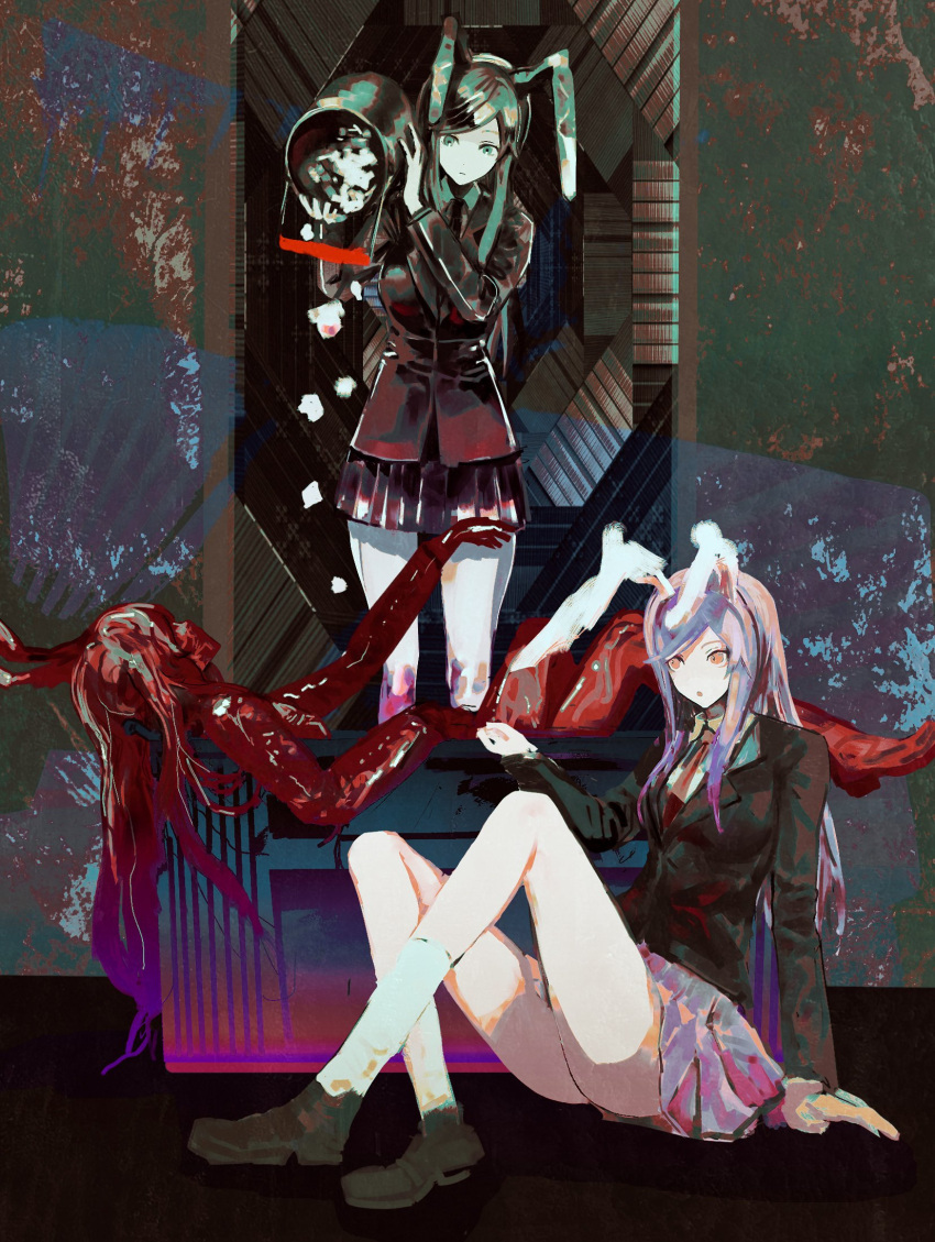 3girls animal_ears black_jacket blazer breasts brown_footwear chinese_commentary collared_shirt commentary cookie_(touhou) faceless faceless_female food full_body highres hisui_(cookie) jacket long_hair meat meat_hisui_(cookie) medium_breasts metal_hisui_(cookie) metal_skin multiple_girls necktie on_(_l0_) open_mouth pleated_skirt purple_hair purple_skirt rabbit_ears red_eyes red_necktie reisen_udongein_inaba shirt shoes skirt socks swept_bangs touhou trash_can white_legwear white_shirt