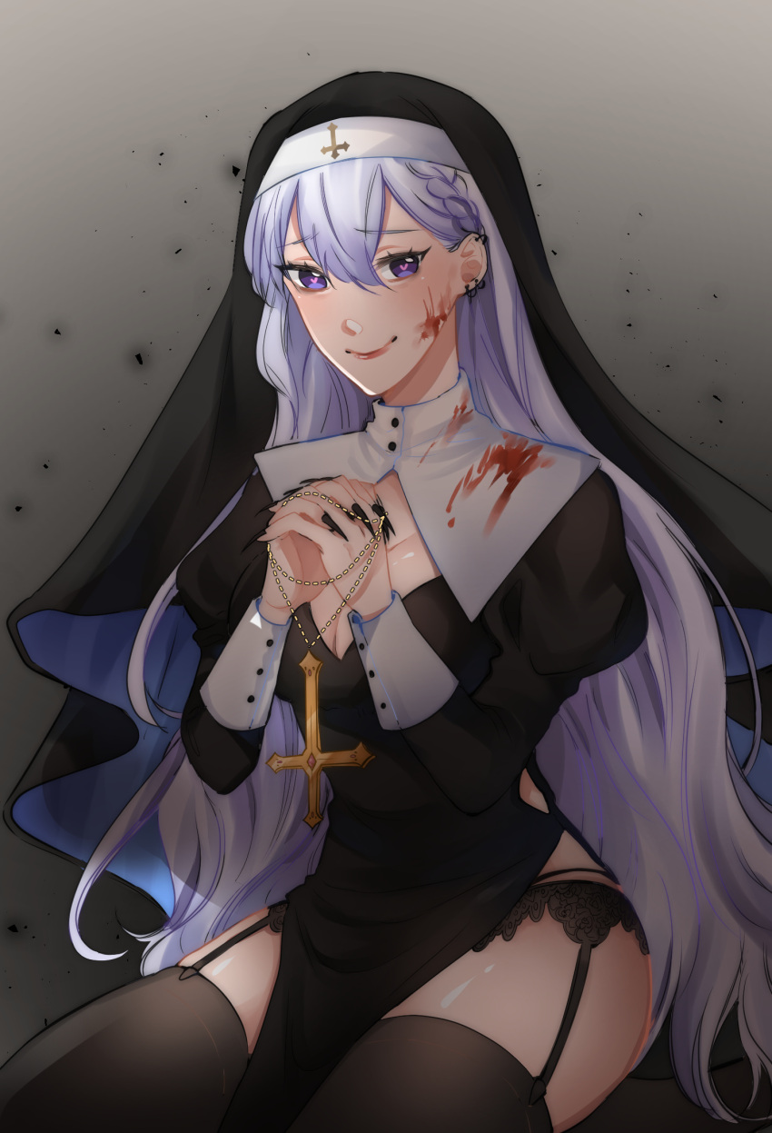 black_dress black_nails black_panties black_thighhighs black_veil blood blood_on_clothes blood_on_face blush breasts buttons cleavage cleavage_cutout clothing_cutout cross cross_necklace dress eyelashes female garter_belt gradient_background grey_background grey_hair habit heart heart-shaped_pupils highres inverted_cross jewelry large_breasts long_hair looking_at_viewer nail_polish necklace nun open_mouth own_hands_together panties purple_eyes self-portrait shino_laila shino_laila_(artist) sitting smile solo string_panties symbol-shaped_pupils thighhighs underwear veil very_long_hair virtual_youtuber wactor_production wariza