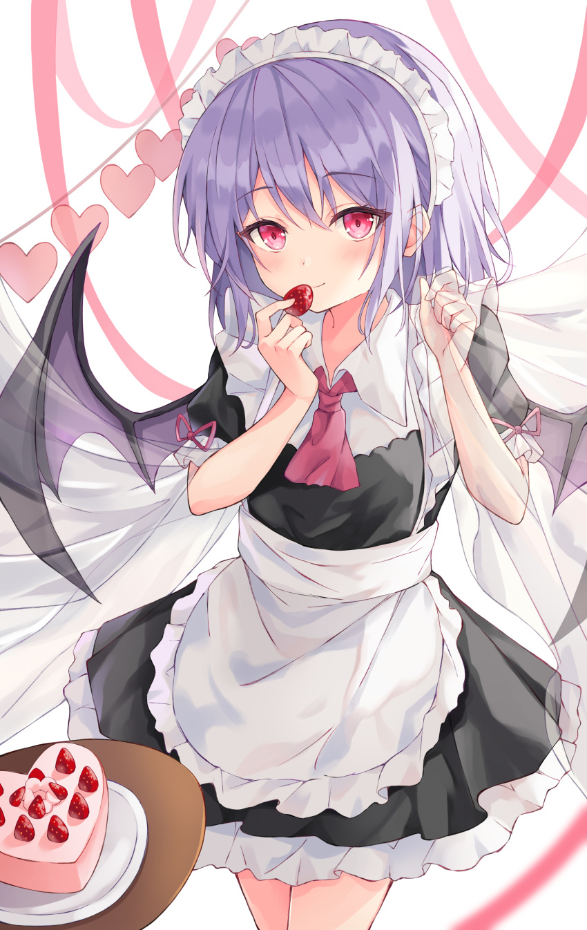 absurdres alternate_costume apron ascot bad_id bad_pixiv_id bat_wings blush breasts cake collared_shirt commentary dress enmaided female food frilled_dress frills fruit heart highres kofumi_(nxme5555) looking_at_viewer maid maid_apron maid_headdress plate puffy_short_sleeves puffy_sleeves purple_hair red_ascot red_ribbon remilia_scarlet ribbon shirt short_hair short_sleeves simple_background small_breasts smile solo strawberry strawberry_cake table touhou white_background white_shirt wing_collar wings