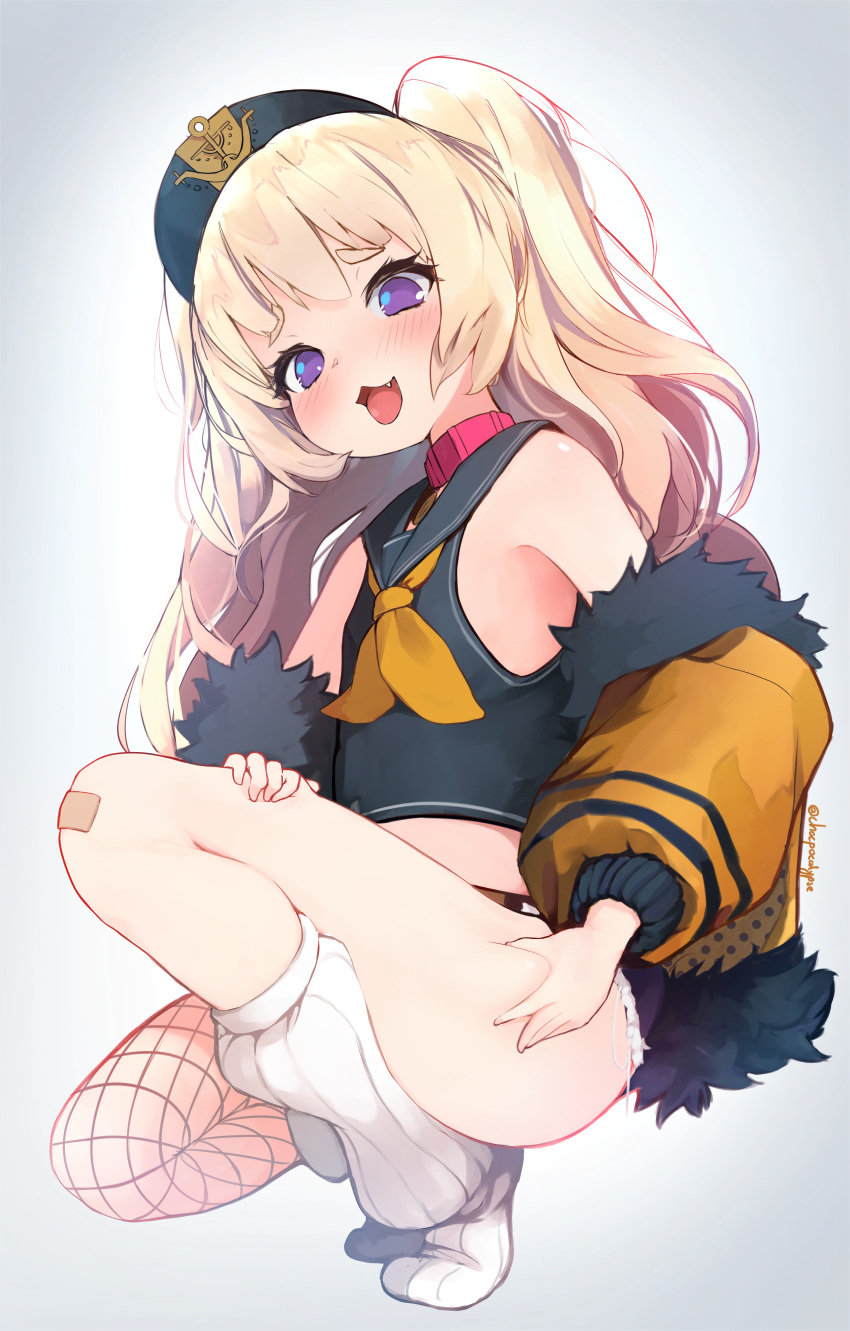 :3 absurdres asymmetrical_legwear azur_lane bache_(azur_lane) bandaid bandaid_on_knee bandaid_on_leg bare_shoulders blonde_hair blue_vest chocpocalypse commentary denim denim_shorts english_commentary female fishnet_legwear fishnets fur-trimmed_jacket fur_trim grabbing_own_breast grey_background hat highres jacket neckerchief oerba_yun_fang off_shoulder open_mouth purple_eyes sailor_hat short_shorts shorts simple_background sleeveless smile socks solo thighs tongue two_side_up uneven_legwear vest white_socks yellow_jacket yellow_neckerchief