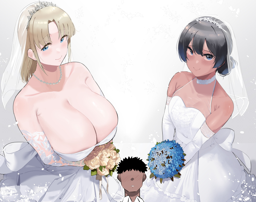 1boy 2girls bare_shoulders black_hair blonde_girl_(okpriko) blonde_hair blue_eyes blush bouquet breasts bridal_veil cleavage closed_mouth collarbone commentary dark-skinned_female dark-skinned_male dark_skin dress elbow_gloves english_commentary faceless gloves gradient_background hair_between_eyes highres holding holding_bouquet huge_breasts jewelry looking_at_viewer medium_hair multiple_girls necklace nose_blush okpriko original parted_bangs pearl_necklace see-through simple_background small_breasts smile straight thai_girl_(okpriko) tiara veil wedding_dress white_background white_dress white_gloves