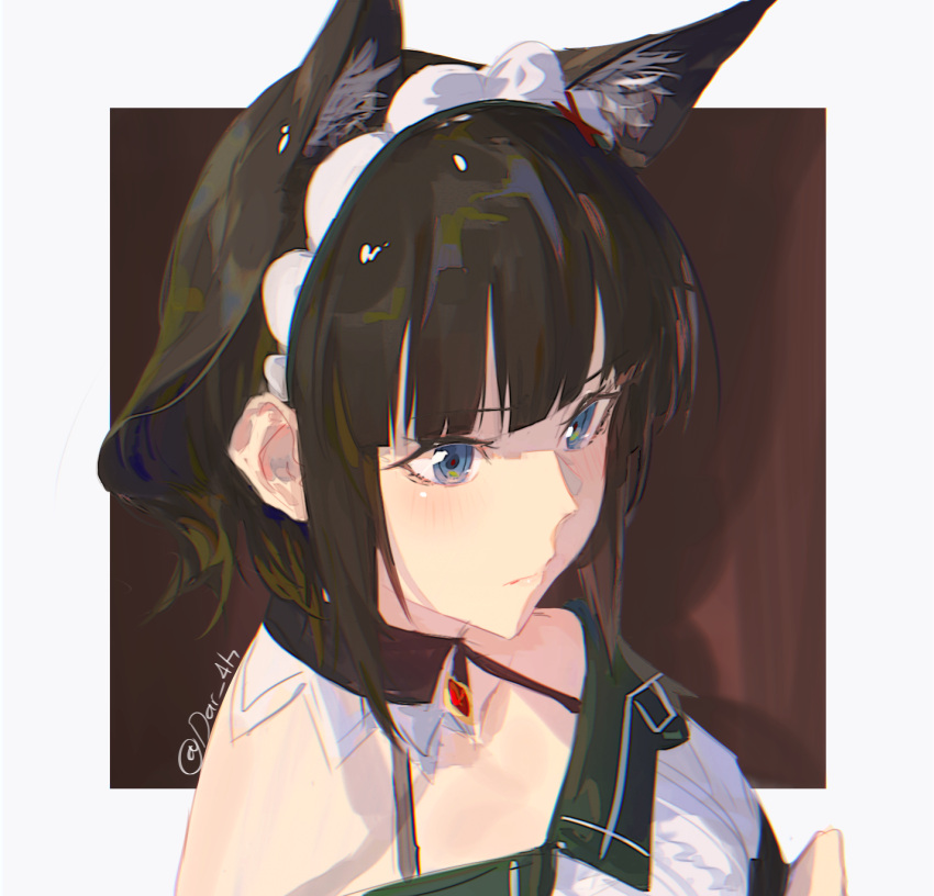 animal_ear_fluff animal_ears blue_eyes brown_background brown_hair cat_ears closed_mouth collarbone commentary darah detached_collar expressionless female genshin_impact highres katheryne_(genshin_impact) maid_headdress shirt short_hair solo twitter_username upper_body white_background white_shirt