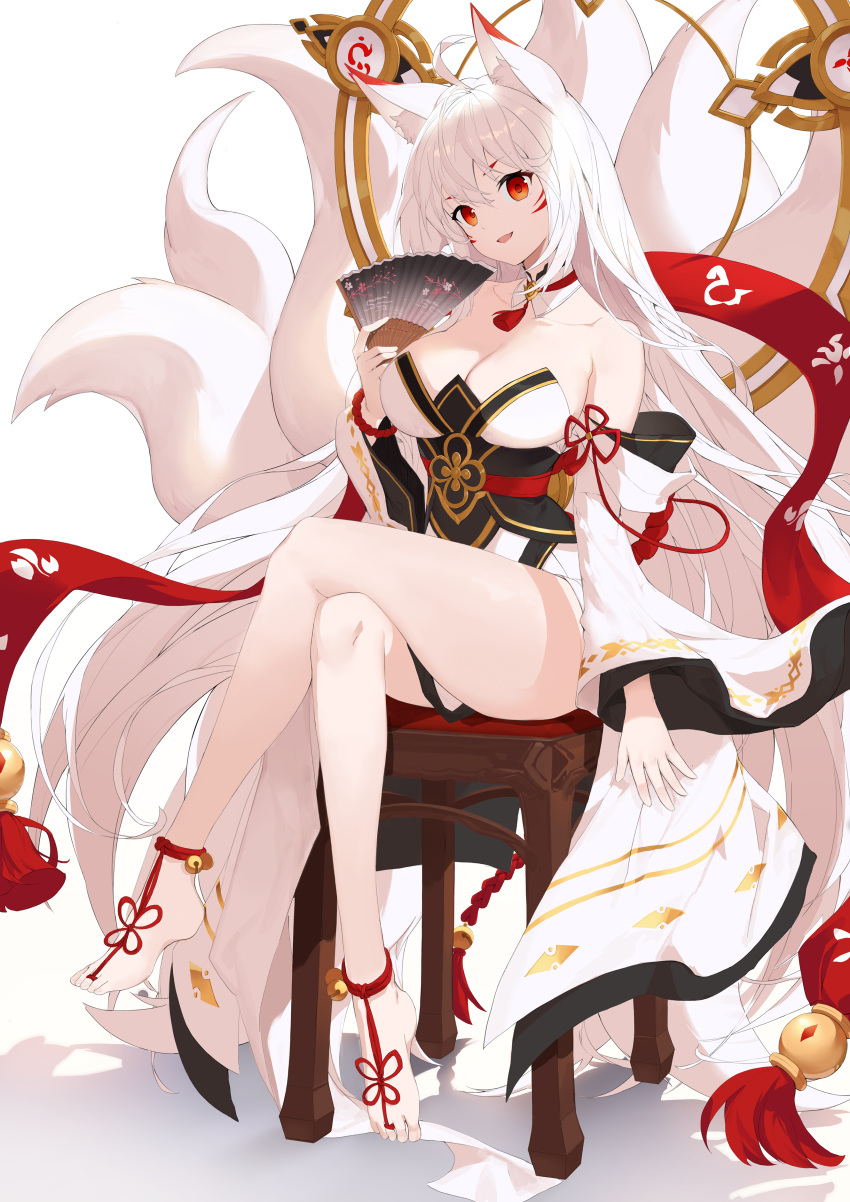 absurdres animal_ears ara_haan bare_legs bare_shoulders barefoot breasts cleavage crossed_legs elsword female fox_ears fox_tail hair_between_eyes hand_fan highres holding holding_fan japanese_clothes large_breasts long_hair long_sleeves looking_at_viewer nyun open_mouth red_eyes shakti_(elsword) sitting smile tail white_hair wide_sleeves