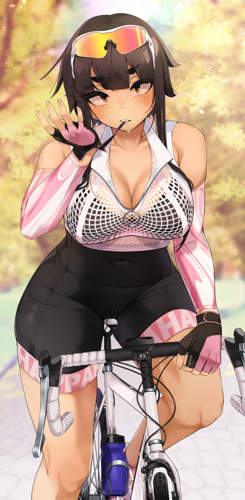 absurdres bicycle bike_shorts biting black_bra bottle bra breasts cleavage covered_navel detached_sleeves eyewear_on_head female fingerless_gloves fishnet_top fishnets glove_biting gloves highres jovejun knees large_breasts original outdoors riding riding_bicycle sanpaku short_hair short_hair_with_long_locks shorts solo sports_sunglasses sunglasses sweat thick_eyebrows tight_clothes tsubomioka_happa underwear water_bottle