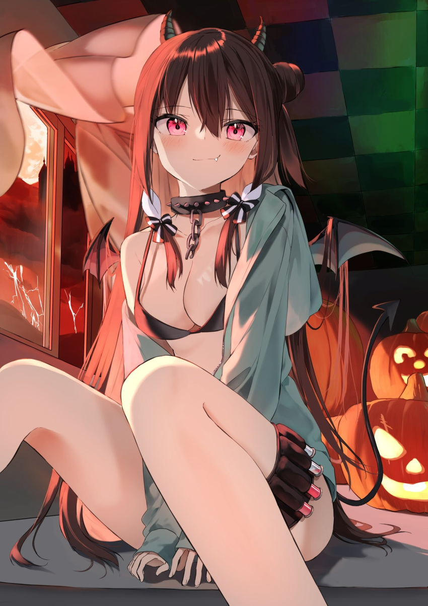 bare_shoulders between_legs bikini blush breasts brown_hair cleavage collar commentary_request demon_girl demon_tail demon_wings fang_out female hair_bun hair_ornament hand_between_legs highres hood hoodie horns indoors jack-o'-lantern long_hair long_sleeves looking_at_viewer low_twintails medium_breasts navel oerba_yun_fang open_mouth original pentagon_(railgun_ky1206) pumpkin red_eyes single_hair_bun smile swimsuit tail twintails wings