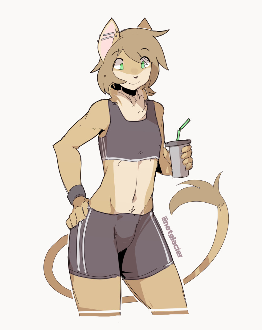 2017 5_fingers absurd_res ambiguous_gender anthro athletic athletic_ambiguous athletic_anthro beverage bottomwear brown_body brown_fur brown_hair bulge clothing ear_piercing felid fingers front_view fur green_eyes hair hand_on_hip hi_res lion looking_down luihu_(socksthesneaky) male_(lore) mammal notglacier pantherine piercing shorts smile solo standing