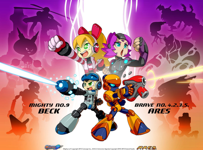 3girls 6+boys ad android aqua_eyes arm_cannon aviator_(mighty_no._9) battalion_(mighty_no._9) beck_(mighty_no._9) blonde_hair bodysuit bow call_(mighty_no._9) clenched_hands commentary copyright_name copyright_notice crossover dynatron_(mighty_no._9) english_commentary firing green_eyes gun hairbow headset highres joints logo long_hair mighty_no._9 multiple_boys multiple_girls no_humans open_mouth ponytail purple_hair pyrogen_(mighty_no._9) robot robot_joints short_hair smile uniform weapon