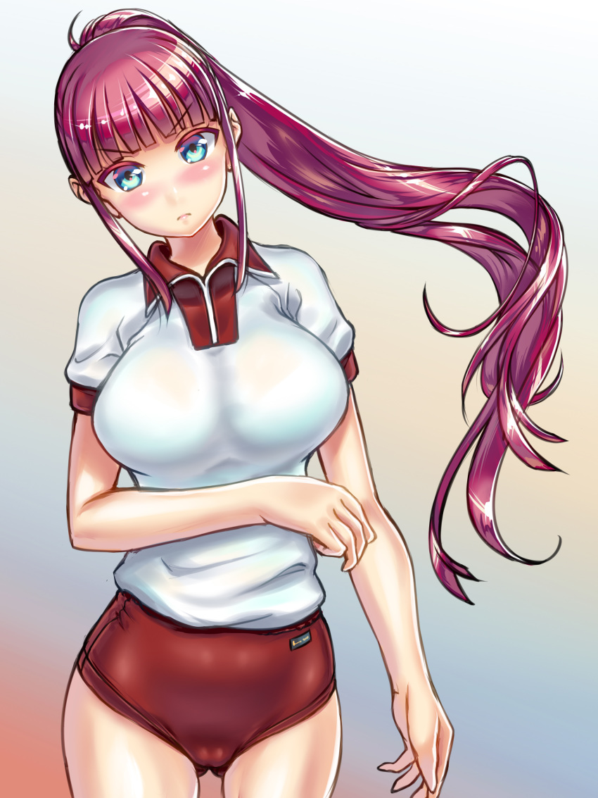 absurdres bad_id bad_pixiv_id blue_eyes breasts buruma cameltoe commentary_request cowboy_shot female genderswap_(mtf) gym_uniform habutae_kyusetsu highres large_breasts long_bangs long_hair looking_at_viewer original photoshop_(medium) pink_hair ponytail red_buruma rule_63 solo