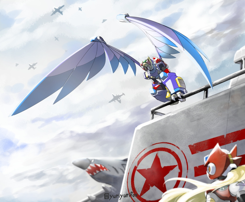 artist_name badass beak bird bird_wings blonde_hair capcom cloud cloudy_sky eagle fleet guard_rail helmet large_wings long_hair looking_back looking_up outdoors plane robot rockman rockman_x storm_eagle talons wings yuriyuri_(ccc) zero zero_(rockman)