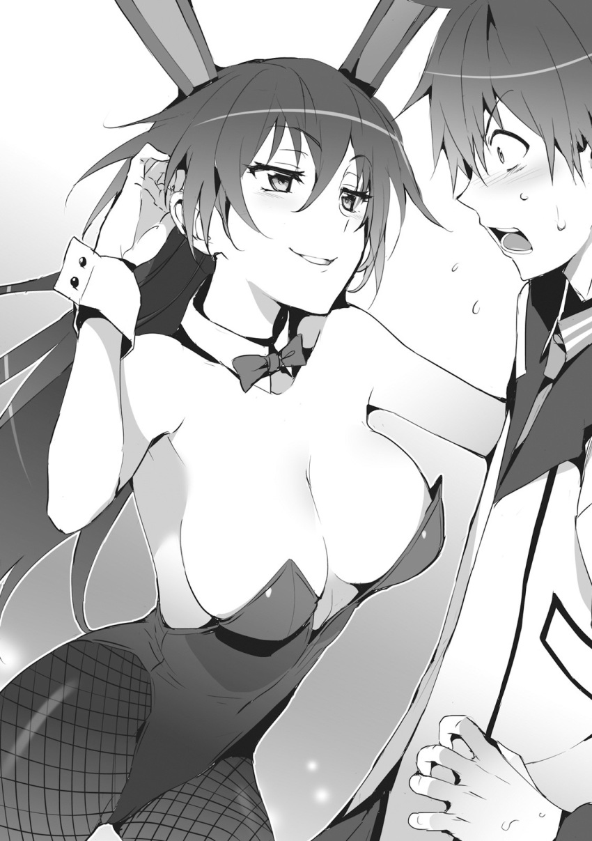 1boy adjusting_hair animal_ears blazer blush breasts cleavage collarbone detached_collar embarrassed eye_contact female fishnet_pantyhose fishnets floating_hair greyscale grin hida_kizuna hida_reiri highres hisasi jacket large_breasts leotard long_hair long_sleeves looking_at_another masou_gakuen_hxh monochrome necktie non-web_source novel_illustration official_art pantyhose playboy_bunny rabbit_ears school_uniform smile standing straight strapless strapless_leotard sweatdrop very_long_hair wing_collar wrist_cuffs