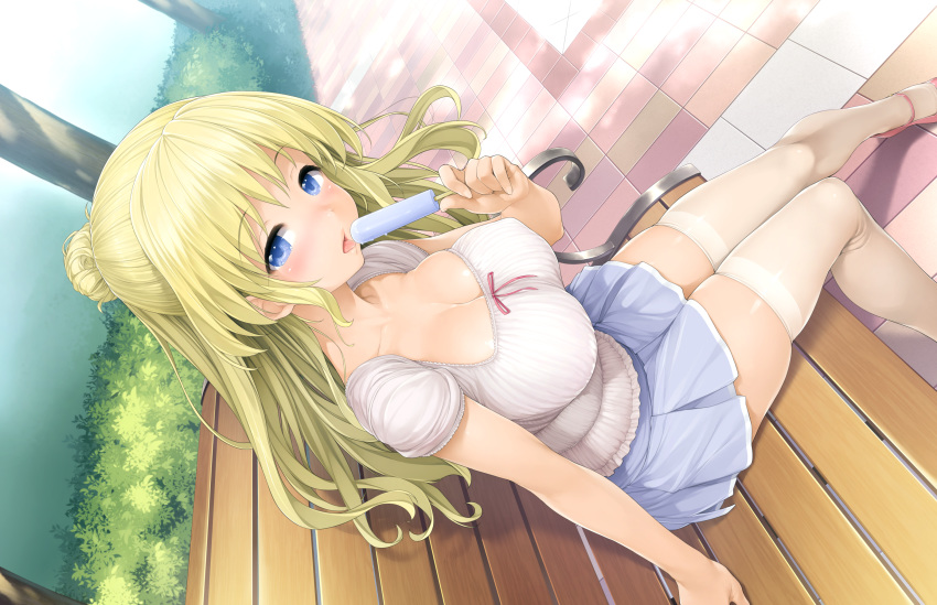 amabane_nodoka bench blonde_hair blouse blue_eyes blue_skirt blush breasts bush cleavage covered_nipples day dripping dutch_angle female food food_on_body food_on_breasts from_above game_cg half-closed_eyes half_updo highres holding holding_food ishikei large_breasts long_hair looking_at_viewer love_cube miniskirt on_bench open_mouth outdoors park pleated_skirt popsicle shirt short_sleeves sitting skindentation skirt solo thighhighs tile_floor tiles tongue tongue_out white_thighhighs