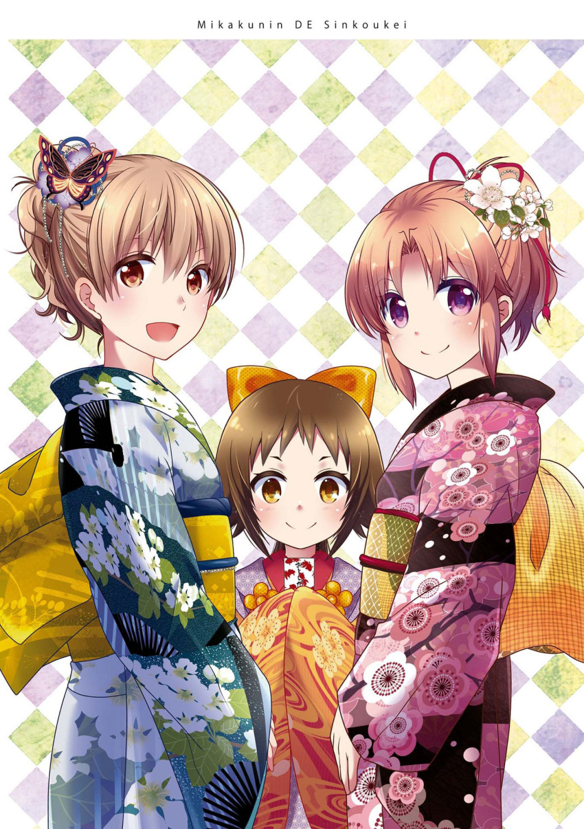 3girls :d alternate_hairstyle arai_cherry argyle_background blush bow brown_eyes brown_hair butterfly_hair_ornament closed_mouth copyright_name floral_print flower hair_flower hair_ornament hair_up hairbow half_updo head_tilt highres japanese_clothes kimono looking_at_viewer mikakunin_de_shinkoukei mitsumine_mashiro multiple_girls non-web_source obi official_art open_mouth orange_bow pink_hair ponytail purple_eyes romaji_text sash siblings sisters sleeves_past_fingers sleeves_past_wrists smile standing v-shaped_eyebrows yonomori_benio yonomori_kobeni