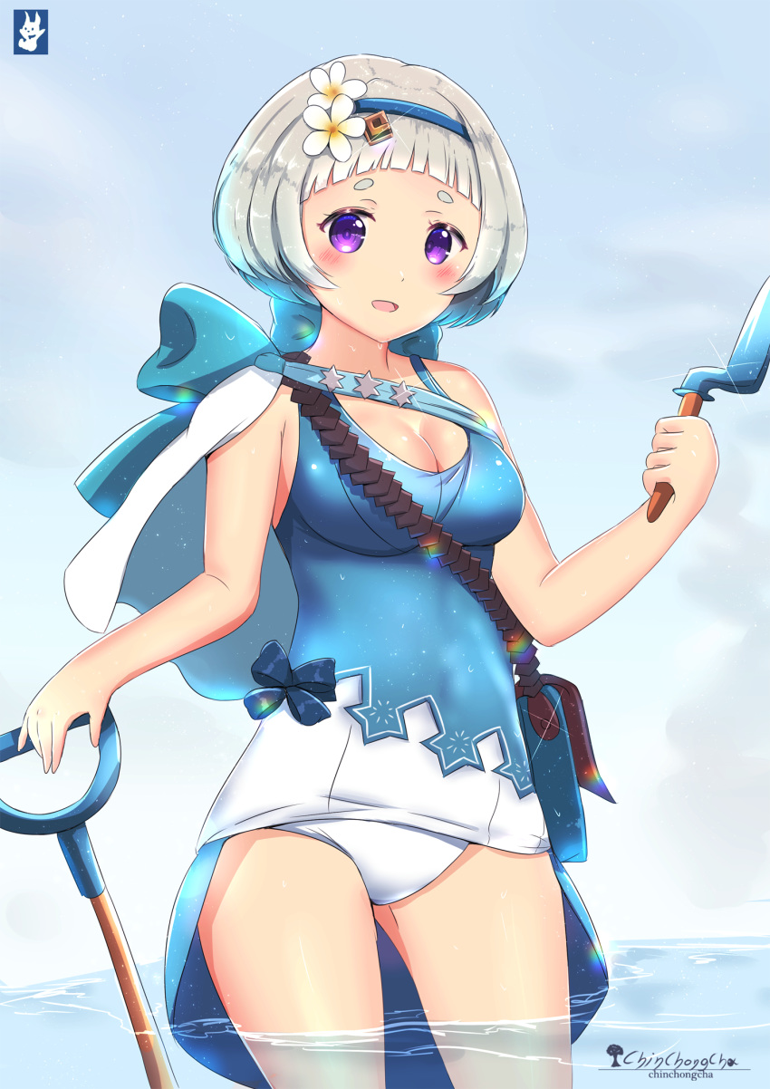 artist_logo artist_name bad_id bad_pixiv_id bag blunt_bangs blush bow breasts capelet chinchongcha cleavage cloud cloudy_sky cowboy_shot day female fire_emblem fire_emblem_heroes flower grey_hair hair_flower hair_ornament hairband highres looking_at_viewer medium_breasts ocean one-piece_swimsuit open_mouth outdoors purple_eyes short_hair shoulder_bag shovel sky smile solo swimsuit thighs wading wet ylgr_(fire_emblem) ylgr_(summer)_(fire_emblem)