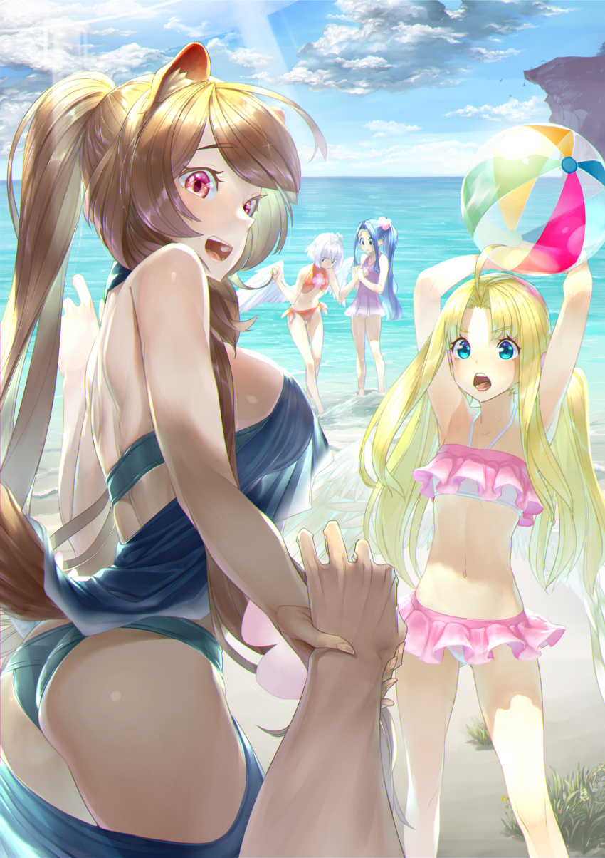 1boy 4girls absurdres ahoge animal_ears arms_up ass ball beach beachball bikini bird_wings blonde_hair blue_bikini blue_eyes blue_sky breasts brown_hair cloud cloudy_sky commentary_request day filo_(tate_no_yuusha_no_nariagari) fitoria_(tate_no_yuusha_no_nariagari) frilled_bikini frills highres holding holding_ball holding_hands kawarage long_hair melty_q_melromarc multiple_girls navel ocean open_mouth outdoors pink_bikini pov pov_hands purple_eyes raccoon_ears raccoon_girl raccoon_tail raphtalia sarong sky smile summer sunlight swimsuit tail tate_no_yuusha_no_nariagari twintails water wings