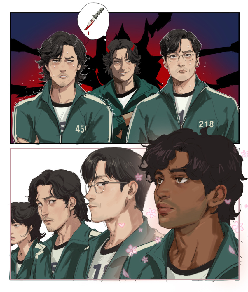 4boys absurdres ali_abdul black_hair blood blood_on_weapon cho_sang-woo commentary dark-skinned_male dark_skin female glasses green_jacket highres jacket jang_deok-su kang_sae-byeok knife korean_commentary multiple_boys seong_gi-hun shirt squid_game sweatdrop thisuserisalive thought_bubble weapon white_shirt