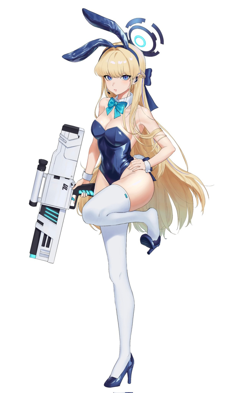 5uj0 animal_ears assault_rifle bare_shoulders blonde_hair blue_archive blue_eyes blue_footwear blue_halo blue_leotard bow bowtie braid breasts cleavage closed_mouth corrupted_twitter_file covered_navel detached_collar extreme_dangling fake_animal_ears fake_tail female full_body groin gun h&k_g11 hairband halo hand_on_own_hip headset high_heels highres holding holding_gun holding_weapon leg_up legs leotard long_hair looking_at_viewer medium_breasts microphone multicolored_hair official_alternate_costume playboy_bunny rabbit_ears rabbit_tail rifle shoe_dangle simple_background solo standing standing_on_one_leg strapless strapless_leotard streaked_hair tail thighhighs toki_(blue_archive) toki_(bunny)_(blue_archive) very_long_hair weapon white_background white_thighhighs wrist_cuffs