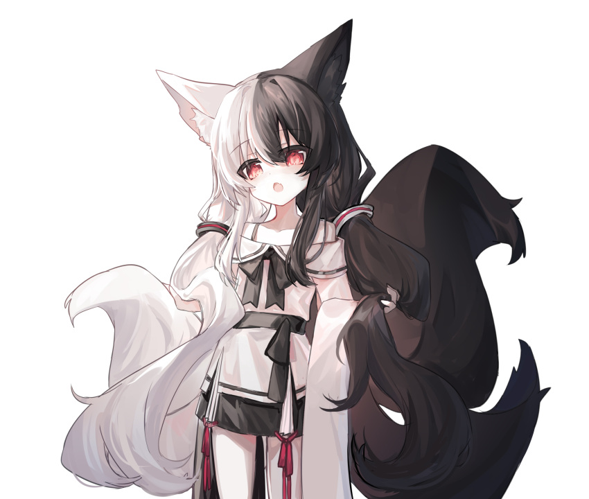 alice_mana animal_ears bare_shoulders black_hair black_skirt collarbone female fox_ears fox_girl fox_tail hair_between_eyes highres holding holding_own_hair indie_virtual_youtuber kitsune long_hair multicolored_hair oerba_yun_fang off-shoulder_shirt off_shoulder open_mouth raeee red_eyes shirt simple_background skirt solo standing tail two-tone_hair very_long_hair virtual_youtuber white_background white_hair white_shirt