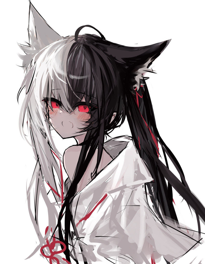 absurdres alice_mana animal_ear_fluff animal_ears bare_shoulders black_hair blush female fox_ears grey_hair hair_between_eyes highres indie_virtual_youtuber long_hair looking_at_viewer looking_to_the_side multicolored_hair oerba_yun_fang off_shoulder open_mouth raeee red_eyes simple_background solo two-tone_hair very_long_hair virtual_youtuber white_background