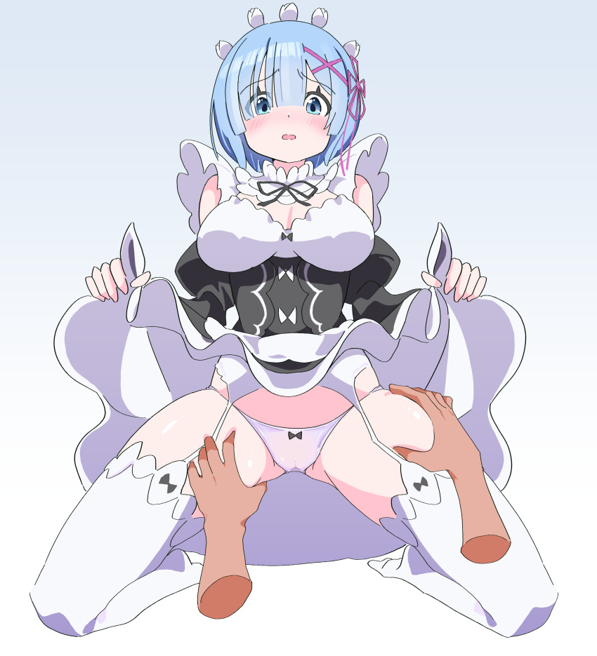 absurdres black_ribbon blue_eyes blue_hair breasts cameltoe clothes_lift commentary_request commission cropped_arms detached_collar detached_sleeves disembodied_hand dress dress_lift embarrassed female flower garter_straps hair_flower hair_ornament hair_ribbon highres kneeling lifting_own_clothes long_sleeves maid maid_headdress medium_breasts no_shoes noyama_takenoko open_mouth panties purple_ribbon re:zero_kara_hajimeru_isekai_seikatsu rem_(re:zero) ribbon roswaal_mansion_maid_uniform shiny_skin short_hair skeb_commission spread_legs thigh_grab thighhighs thighs underwear white_flower white_garter_straps white_panties white_thighhighs x_hair_ornament