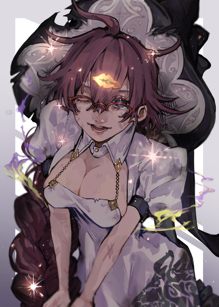 absurdres ahoge bad_id bad_pixiv_id black_headwear blue_eyes braid breasts cleavage detached_collar dirty dirty_clothes dirty_face dorothy_(sinoalice) dress female glasses hair_between_eyes highres light_particles long_hair looking_at_viewer medium_breasts messy_hair one_eye_closed open_mouth puffy_short_sleeves puffy_sleeves purple_hair s_t_e_r_n short_sleeves simple_background single_braid sinoalice skindentation smile solo sparkle upper_body very_long_hair white_dress